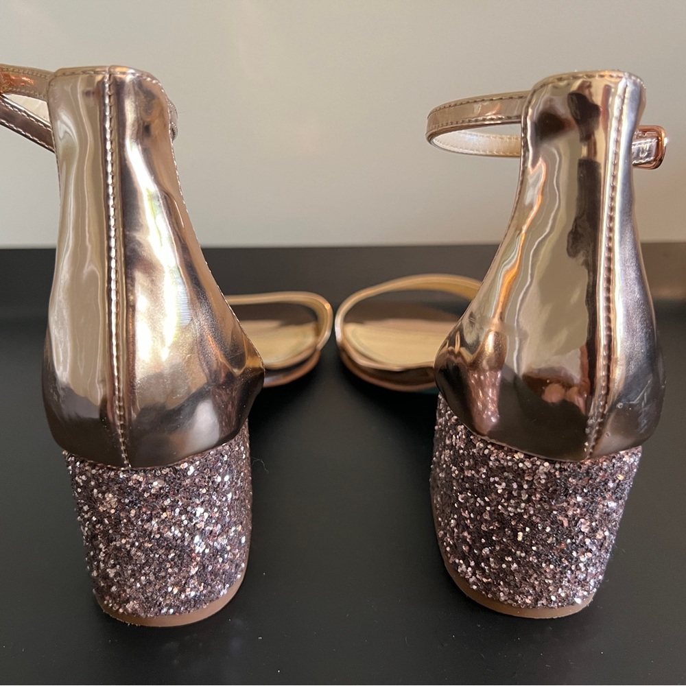 Women’s Rose Gold + Glitter Mari Block Heel Evening Sandal by Betsy Johnson
